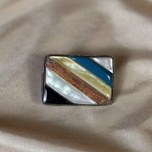 Silver Tone Rectangular Shell Inlay Women’s Belt Buckle Made in Philippines B64